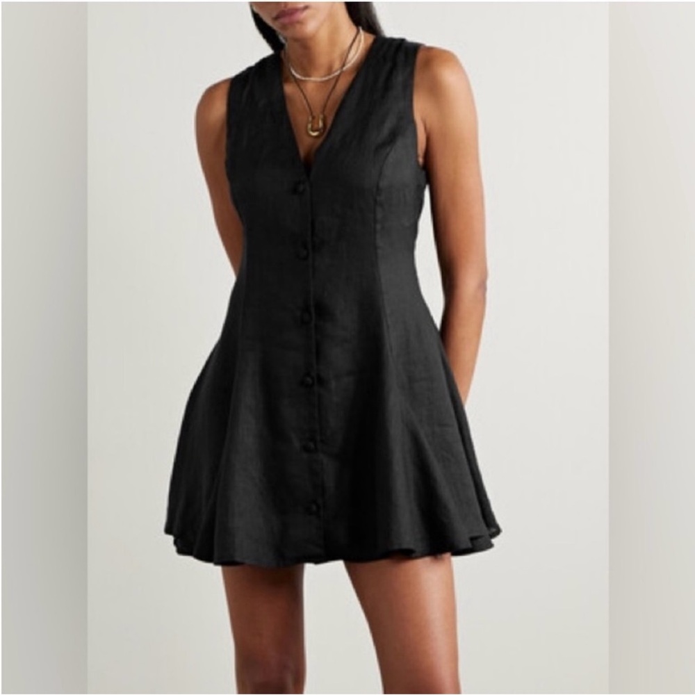 Doen Black Linen Aubrey Button-Front Mini Dress